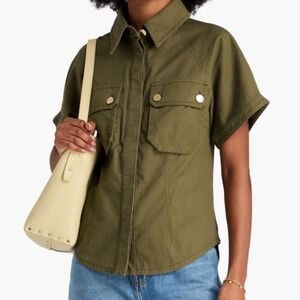 Zimmermann Size 0 Olive Green Utility Safari Twill Shirt Short‎ Sleeve Gold Snap